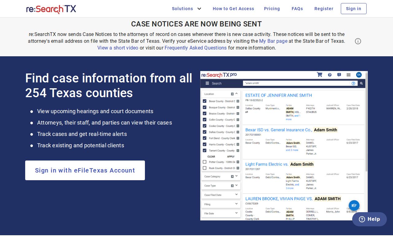 Texas re:SearchTX case and hearing search for Walker County