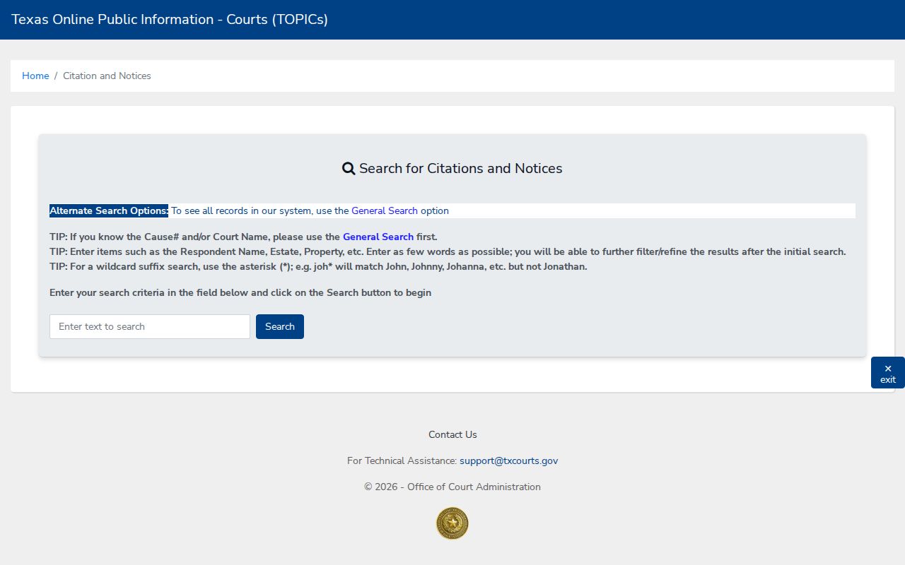 Texas citation and notice search fields used for Walker County traffic records