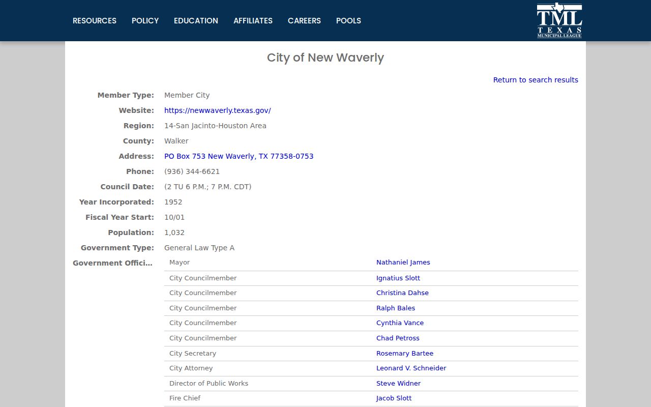 Texas Municipal League official directory entry for New Waverly