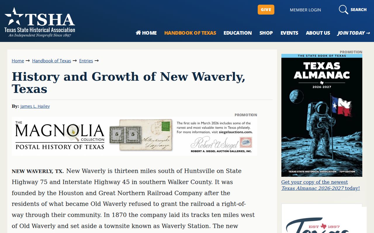 Texas State Historical Association history page for New Waverly